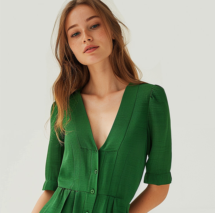 Chic Green V-Neck Shirt Dress - Button-Front with Puffed Short Sleeves