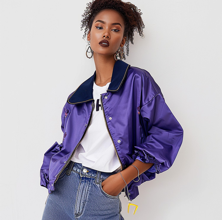 Retro Purple Satin Bomber Jacket - Floral Embroidered Collared Windbreaker