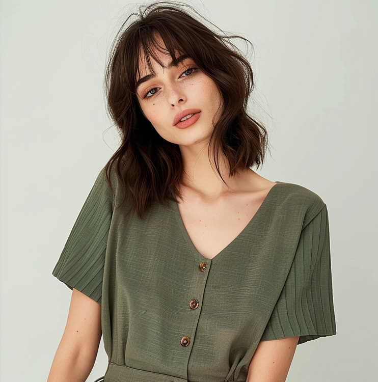Olive Green V-Neck Pleated Sleeve Blouse, Casual Button-Down Shirt for Women