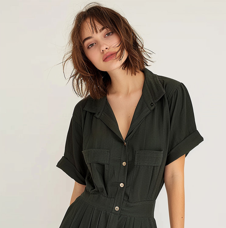 Effortless Utility Shirt Dress - Dark Green Button-Front Collared Dress with Rolled Cuffs & Waist Cinch