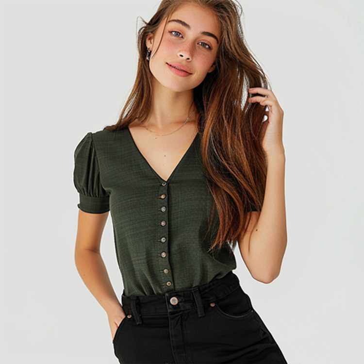 Women's Dark Green V-Neck Blouse, Puff Short Sleeve Button Down Casual Top
