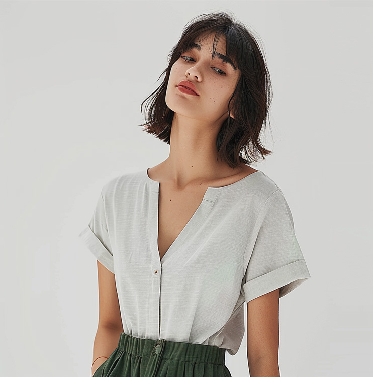 Women's Light Green V-Neck Blouse, Rolled Sleeve Casual Linen Shirt