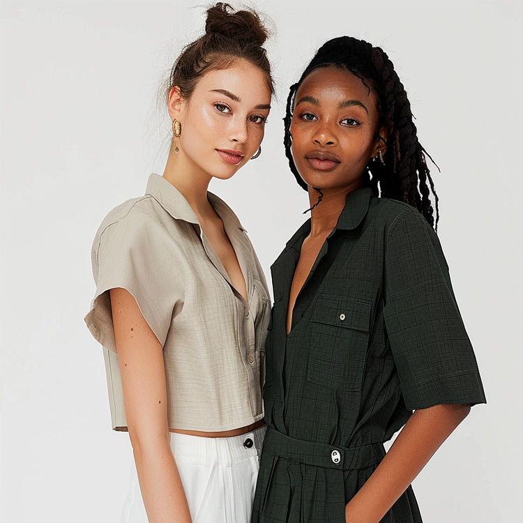 Women's Casual Short Sleeve Button Down Cropped Shirt & Grid Pattern Jumpsuit, Breathable Linen Blend Summer Outfits with Collar, Functional Pockets