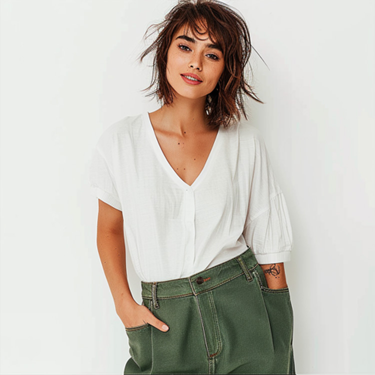 Women's White V-Neck Button Down Blouse, Short Puff Sleeve Casual Loose Fit Shirt, Lightweight Breathable Summer Top
