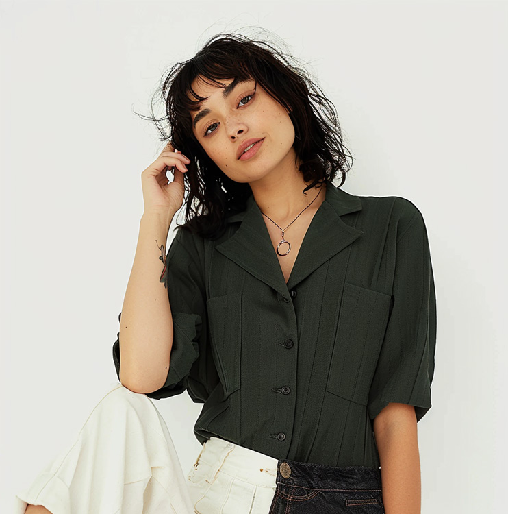Dark Olive Tailored Blazer Shirt for Women, Relaxed Short Sleeve