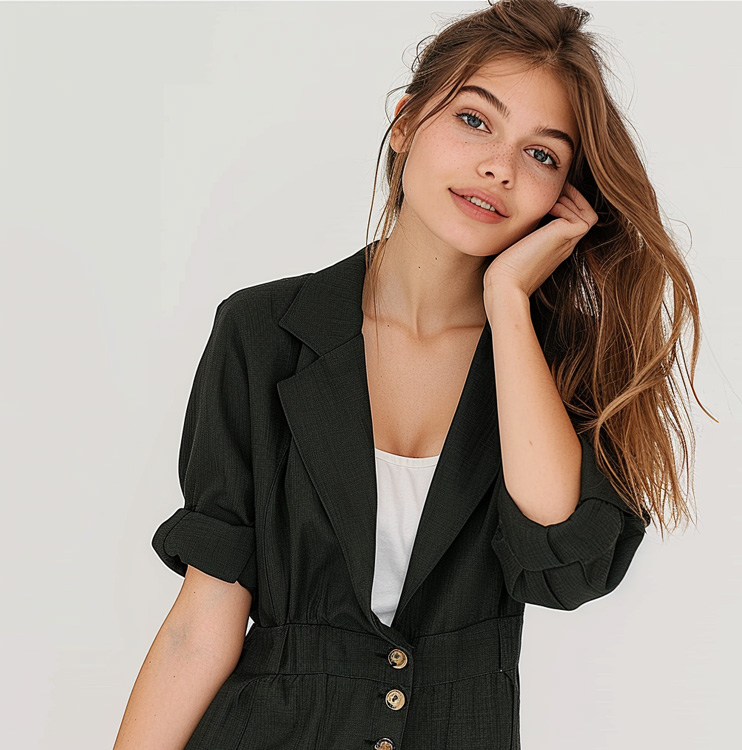Women's V-Neck Blazer Dress, Rolled Short Sleeve Waisted Button Down Tunic Top