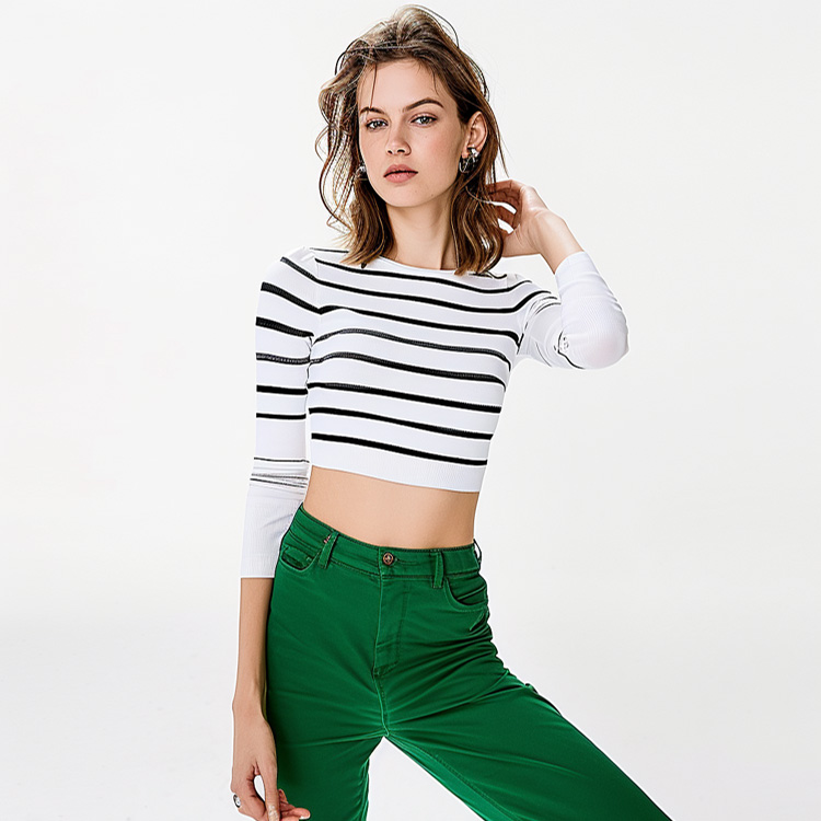 Women's Black & White Striped Crop Top, 3/4 Sleeve Form-Fitting Knit T-Shirt