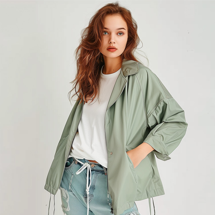 Women's Sage Green Oversized Utility Jacket, Lightweight Zip-Up Windbreaker with Drawstring Hem